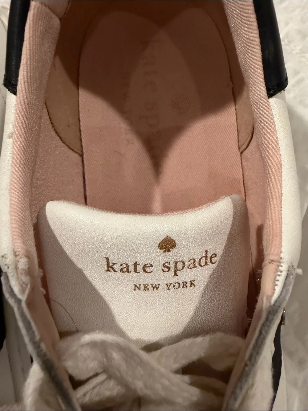 kate spade White Leather Sneakers with Black Stripe and Pink Lining